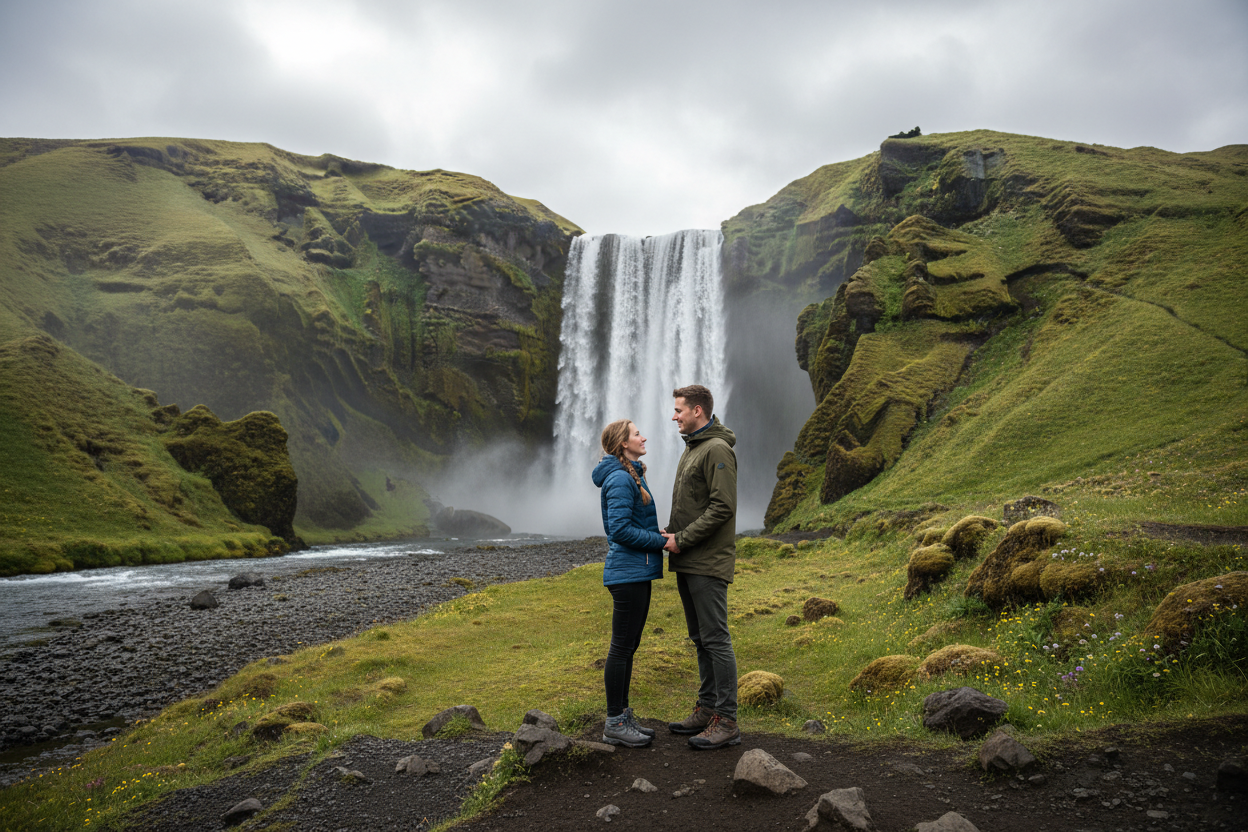 coppia amore davanti cascata islanda